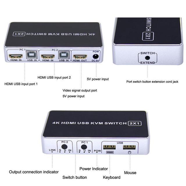 4K HDMI KVM Switch 2 In 1 Out Two Computers 2 Ports Hosts Share Mouse Keyboard Monitor Printer 2 PC Sharing USB Device USB KVM Switcher Fast Switching Plug And Play