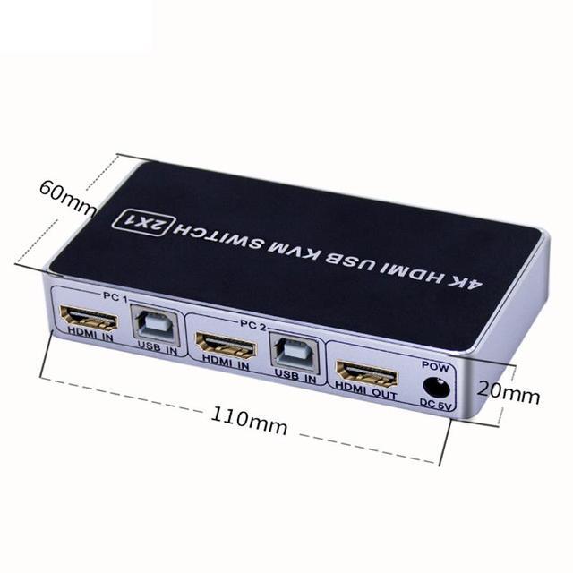 4K HDMI KVM Switch 2 In 1 Out Two Computers 2 Ports Hosts Share Mouse Keyboard Monitor Printer 2 PC Sharing USB Device USB KVM Switcher Fast Switching Plug And Play
