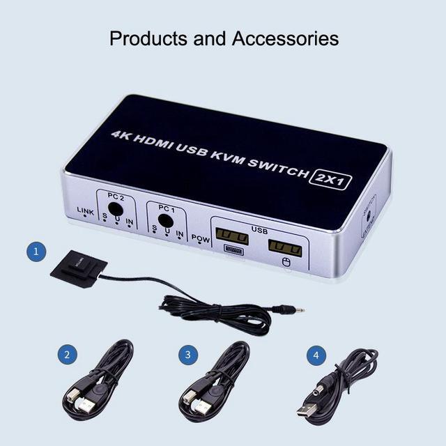 4K HDMI KVM Switch 2 In 1 Out Two Computers 2 Ports Hosts Share Mouse Keyboard Monitor Printer 2 PC Sharing USB Device USB KVM Switcher Fast Switching Plug And Play