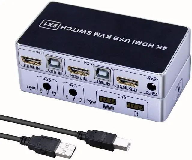 4K HDMI KVM Switch 2 In 1 Out Two Computers 2 Ports Hosts Share Mouse Keyboard Monitor Printer 2 PC Sharing USB Device USB KVM Switcher Fast Switching Plug and Play