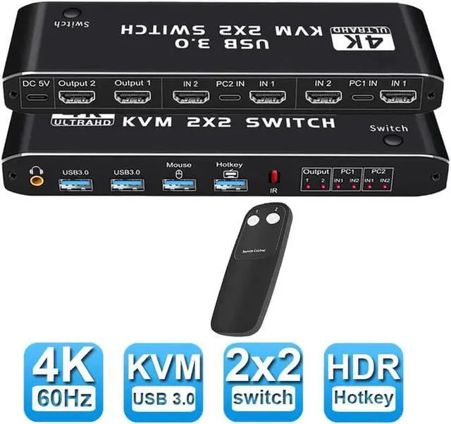 4K HDMI KVM Switch 2 in 2 Out Dual Monitor 4K 60Hz 2 PC to 2 Monitor with 2 USB 3.0 Ports and Keyboard Mouse port for Sharing Keyboard Mouse U Disk