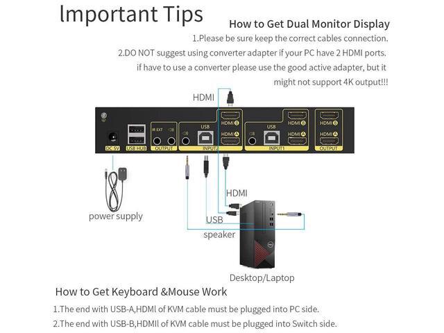 4K HDMI KVM Switch 2 In 2 Out Dual Monitor Extended Display 4K 60Hz 4:4:4 With Audio And USB 2.0 Hub Sharing PC Monitor Keyboard Mouse Switcher; Supports RS232 Remote Control Hotkey