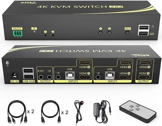 4K HDMI KVM Switch 2 in 2 Out Dual Monitor Extended Display 4K 60Hz 4:4:4 with Audio and USB 2.0 Hub Sharing PC Monitor Keyboard Mouse Switcher; supports RS232 Remote control Hotkey