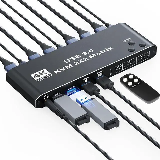 4K HDMI KVM Switch 2 Monitors 2 Computers 1080P 120hz Dual Monitor Share with 4 USB 3.0 Devices USB Keyboard Mouse Hotkey Switching USB 3.0 KVM 2x2 Matrix Switch Printer Splitter for 2 Computers