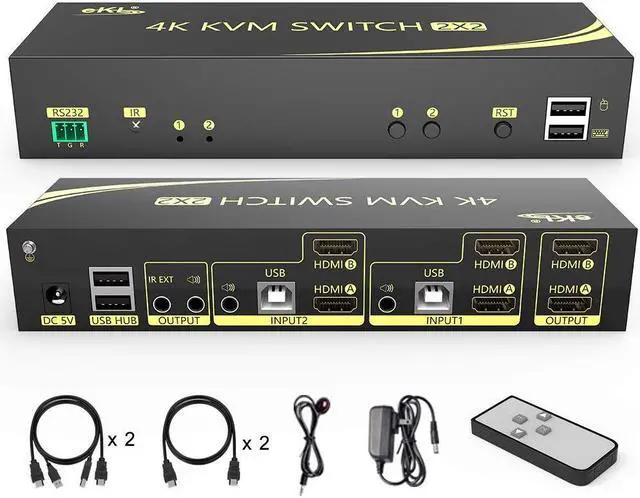 4K HDMI KVM Switch 2x2 2 in 2 Out Dual Monitor Extended Display 4K 60Hz 4:4:4 with Audio and USB 2.0 Hub Sharing PC Monitor Keyboard Mouse Switcher