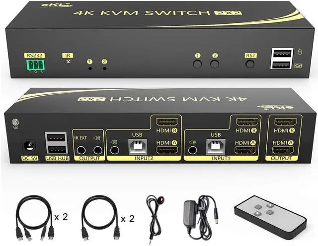 4K HDMI KVM Switch 2x2 2 in 2 Out Dual Monitor Extended Display 4K 60Hz 4:4:4 with Audio and USB 2.0 Hub Sharing PC Monitor Keyboard Mouse Switcher