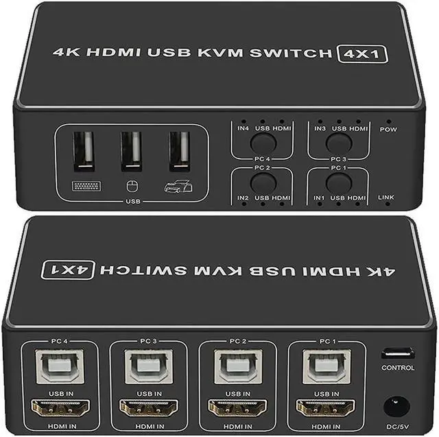 4K HDMI KVM Switch 4 in 1 Out KVM USB HDMI 2.0 Switcher Selector 4 Port 4K 60Hz KVM Switch Box HDR HDCP 2.2 for Laptop PC Xbox HDTV 4 Computers Share 1 Keyboard Mouse and 1 HD Monitor