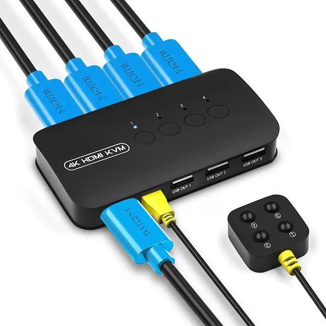 4K HDMI KVM Switch 4 Port HDMI USB Switch for 4 Computer Share a 4K 30Hz Monitor and 3 USB Device Keyboard Mouse Printer Including 4 KVM Cables