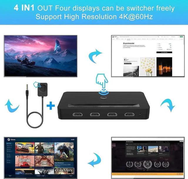 4K HDMI KVM Switch 4 Ports For 4 Computers Share One HD 4K Monitor 3 USB Devices Keyboard Mouse Printer 2 3.5mm Headphone Jack Including 4 HDMI Cable And 1 Remote Controller