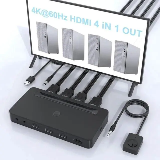 4K HDMI KVM Switch 4 Ports for 4 Computers Share One HD 4K Monitor 3 USB Devices Keyboard Mouse Printer 2 3.5mm Headphone Jack Including 4 HDMI Cable and 1 Remote Controller