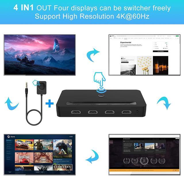 4K HDMI KVM Switch 4 Ports For 4 Computers Share One HD 4K Monitor 3 USB Devices Keyboard Mouse Printer 2 3.5mm Headphone Jack Including 4 HDMI Cable And 1 Remote Controller