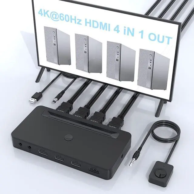 4K HDMI KVM Switch 4 Ports for 4 Computers Share One HD 4K Monitor 3 USB Devices Keyboard Mouse Printer 2 3.5mm Headphone Jack Including 4 HDMI Cable and 1 Remote Controller