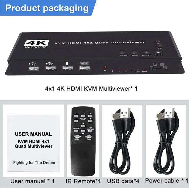 4K HDMI KVM Switch 4x1 Quad Multi Viewer 4 In 1 Out KVM HDMI Processor Screen Multiviewer Seamless For 4 PC Share Mouse Keyboard(EU Plug)