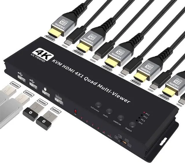 4K HDMI KVM Switch 4x1 Quad Multi Viewer 4 in 1 Out KVM HDMI Processor Screen Multiviewer Seamless for 4 PC Share Mouse Keyboard(EU Plug)