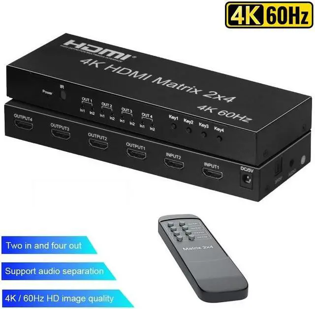 4K HDMI Matrix 2 in 4 out Video Matrix Switch 2x4 4K 60Hz for HDMI Splitter Switch Matrix with SPDIF R/L Audio for PC TV Monitor(with AU Plug) (with Retail Package)
