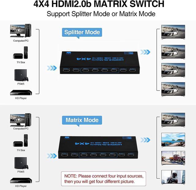 4K HDMI Matrix Switch 4 In 4 Out 4K 60Hz True Matrix HDMI Switcher Splitter 4x4 Audio Video Converter Support HDR EDID HDCP 2.2(with AU Plug)