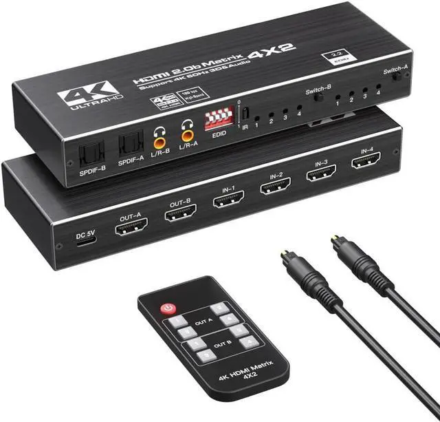4K HDMI Matrix Switch 4x2 Video Switcher Splitter 4 in 2 Out Optical and LR Audio Output with IR Remote Controller Support 4K 60Hz 3D 18.5Gbps x 3 Data Rate HDMI 2.0b HDCP 2.2