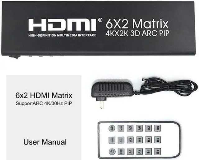 4K HDMI Matrix Switch 6x2 Matrix HDMI Switcher Splitter 6 Channel Input 2 Out Audio Video Converter Support PIP Audio Extractor(With US Plug) (NO retail box)