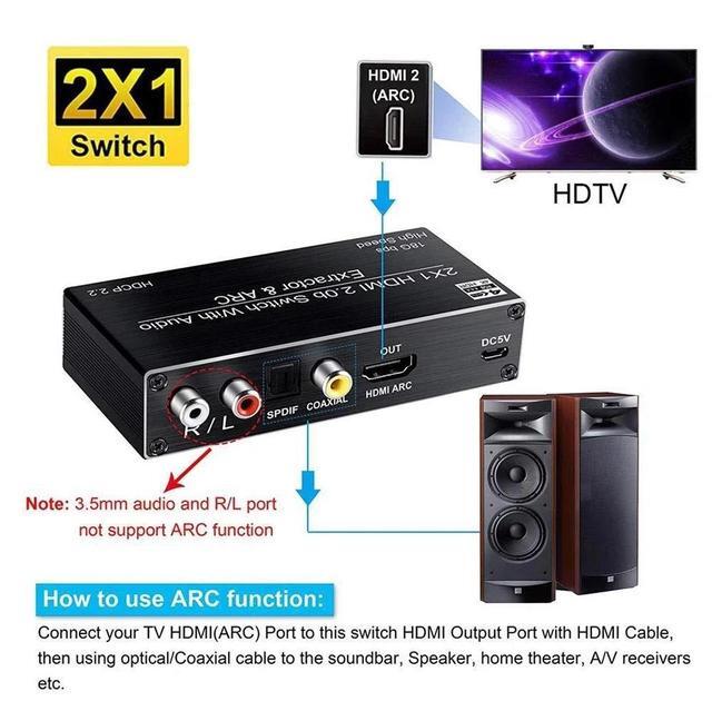 4K HDMI Switcher Audio Extractor 2 In 1 Out Selector With R/L+Toslink SPDIF+COAXIAL Audio Out HDMI ARC Audio Switch 2x1 Adapter(US Power Supply)