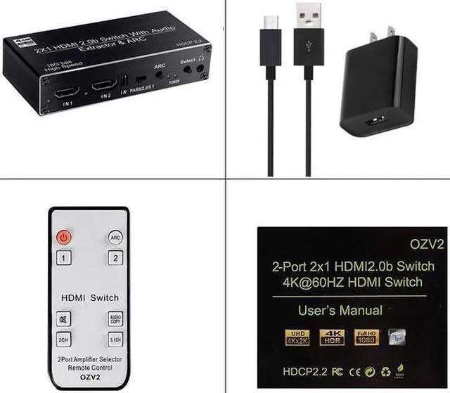 4K HDMI Switcher Audio Extractor 2 in 1 Out Selector with R/L+Toslink SPDIF+COAXIAL Audio out HDMI ARC Audio Switch 2x1 Adapter(US power supply)