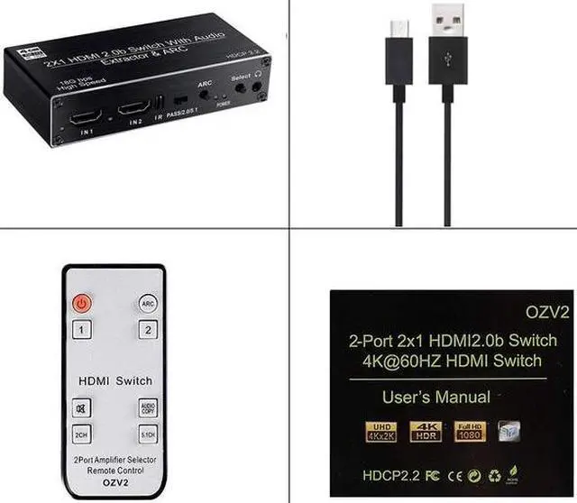 4K HDMI Switcher Audio Extractor 2 in 1 Out Selector with R/L+Toslink SPDIF+COAXIAL Audio out HDMI ARC Audio Switch 2x1 Adapter(USB power cable)