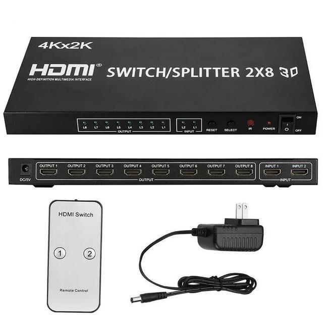 4K HDMI Swithch Splitter 2X8 HDMI Switch 2 In 8 Out Video Convert HDMI Splitter 1 To 8 Screen Display For LED TV PC PS4 Monitor(US Plug)