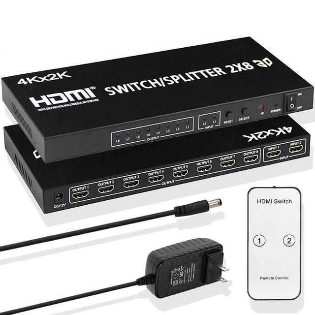 4K HDMI Swithch Splitter 2X8 HDMI Switch 2 In 8 Out Video Convert HDMI Splitter 1 To 8 Screen Display For LED TV PC PS4 Monitor(US Plug)