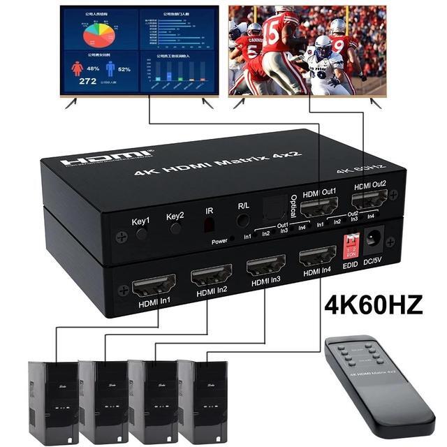 4K HDMI True Matrix Switcher 4x2 2x4 2x2 Matrix HDMI Switch Splitter 2 In 4 Out With Optical & R/L Audio Extractor Dolby HDCP2.2(With UK Plug) (Matrix 2x4)