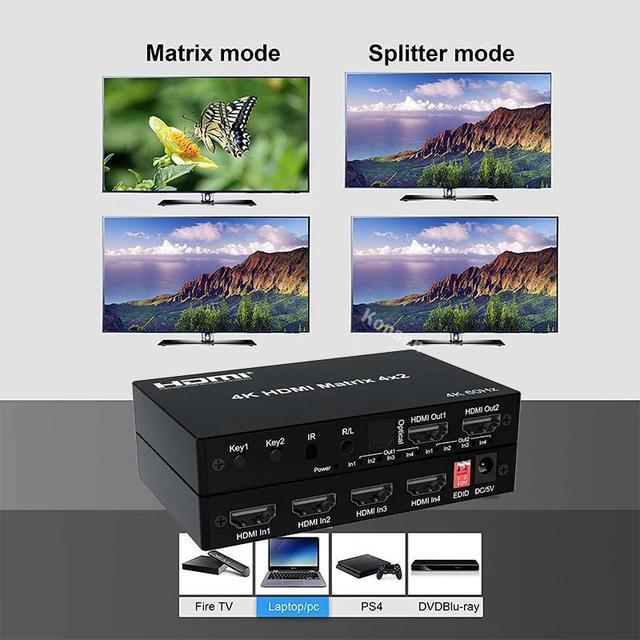 4K HDMI True Matrix Switcher 4x2 2x4 2x2 Matrix HDMI Switch Splitter 2 In 4 Out With Optical & R/L Audio Extractor Dolby HDCP2.2(With UK Plug) (Matrix 2x4)
