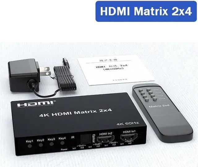 4K HDMI True Matrix Switcher 4x2 2x4 2x2 Matrix HDMI Switch Splitter 2 In 4 Out with Optical & R/L Audio Extractor Dolby HDCP2.2(With UK Plug) (Matrix 2x4)