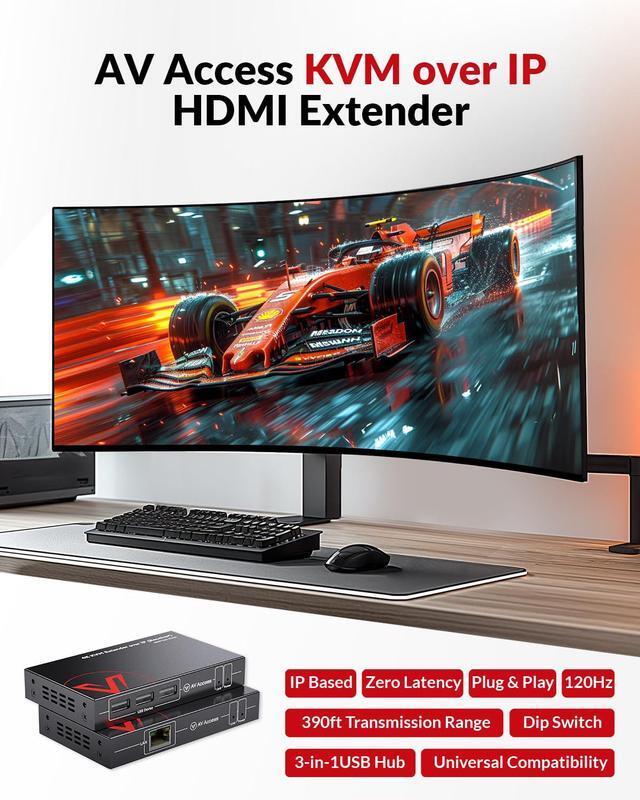 4K HDMI USB KVM Extender TCP/IP Over Single Cat5e/6/6a/7 Up To 120M(390ft) 1080P 120Hz Plug & Play Keyboard & Mouse Over Network Zero Latency 3 Ports USB Hub DIP Up To 16 Sets (4KIP100-KVM)