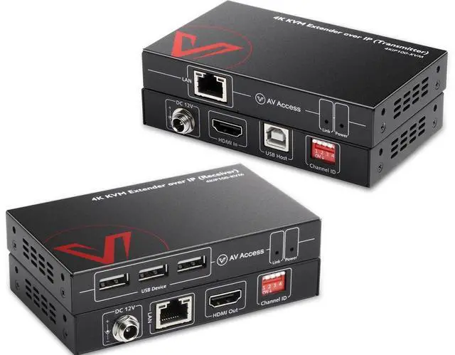 4K HDMI USB KVM Extender TCP/IP Over Single Cat5e/6/6a/7 up to 120M(390ft) 1080P 120Hz Plug & Play Keyboard & Mouse Over Network Zero Latency 3 Ports USB Hub DIP up to 16 Sets (4KIP100-KVM)