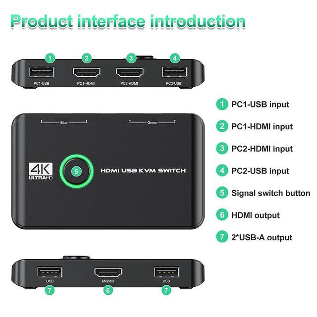 4K HDMI USB KVM Switch 2 Port Box USB HDMI-Compatible Switches For 2 Computers Share Keyboard Mouse Printer And One HD Monitor Support 4K 60Hz With 2 USB Cables And 2 HDMI-Compatible Cables