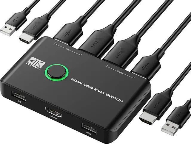 4K HDMI USB KVM Switch 2 Port Box USB HDMI-Compatible Switches for 2 Computers Share Keyboard Mouse Printer and one HD Monitor Support 4K 60Hz with 2 USB Cables and 2 HDMI-Compatible Cables