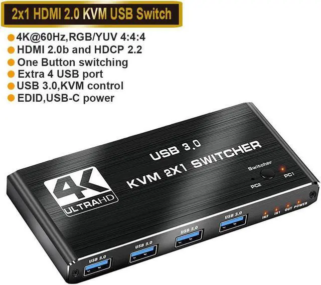 4K HDMI2.0 KVM Switch 2 in 1 Out for 2PC Share 1 Monitor and 4USB3.0 Port 4K 60Hz Support HDMI2.0b HDCP2.2 YUV:4:4:4 One-button Switch