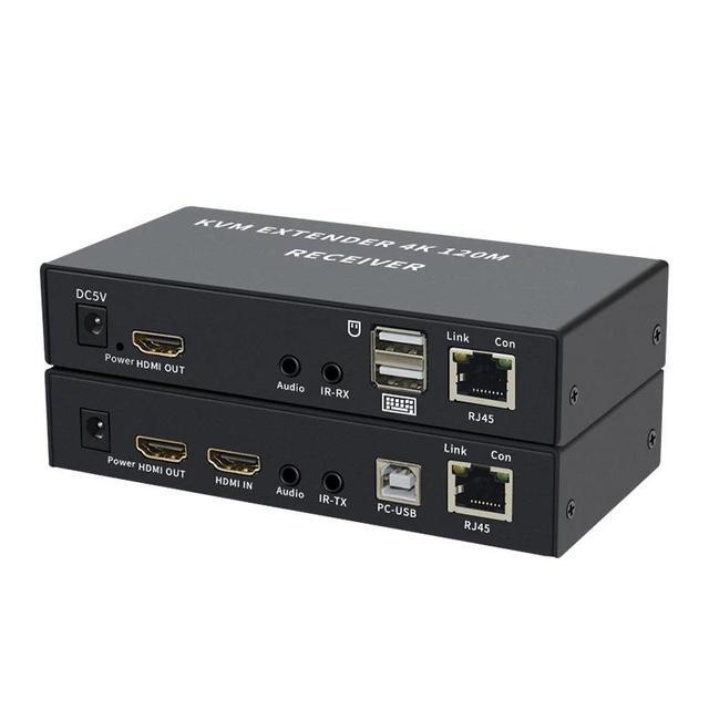 4K HDTV 120M KVM Extender HDMI-Compatible USB-A Keyboard Mouse 3.5mm AUX Aluminium Alloy Over CAT6 RJ45 Lan Ethernet Extender(With US Plug)