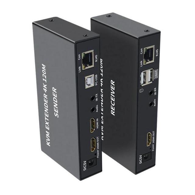 4K HDTV 120M KVM Extender HDMI-Compatible USB-A Keyboard Mouse 3.5mm AUX Aluminium Alloy Over CAT6 RJ45 Lan Ethernet Extender(With US Plug)