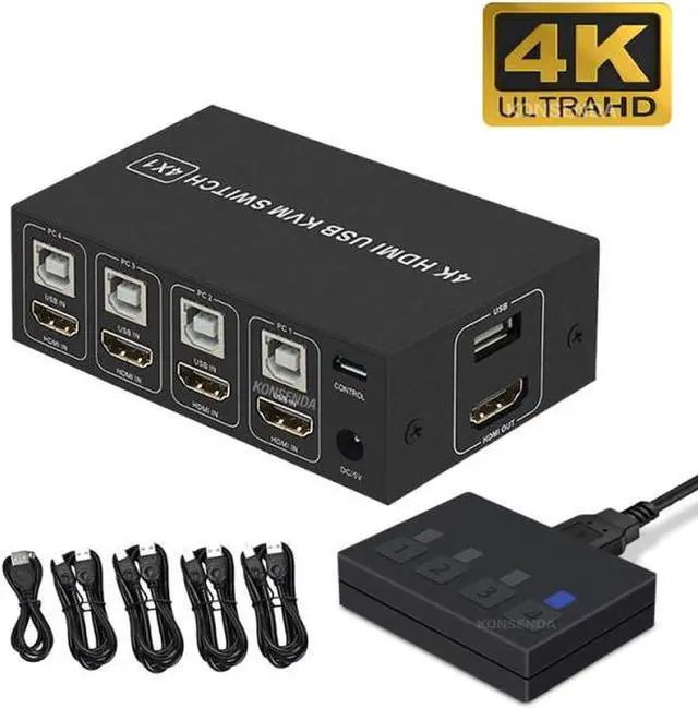 4K KVM Switch 4 Port USB KVM Switcher 4x1 4kX2K/60HZ HDCP 2.2 with Desktop controller for PC laptop windows&macs