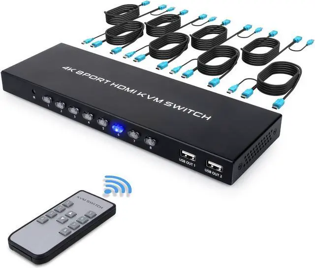 4K KVM Switch 8 Port HDMI USB Switch for 8 Computers Share 4K 30Hz HD Monitor and 4 USB Devices with IR Remote and 8 HDMI&USB KVM Cables