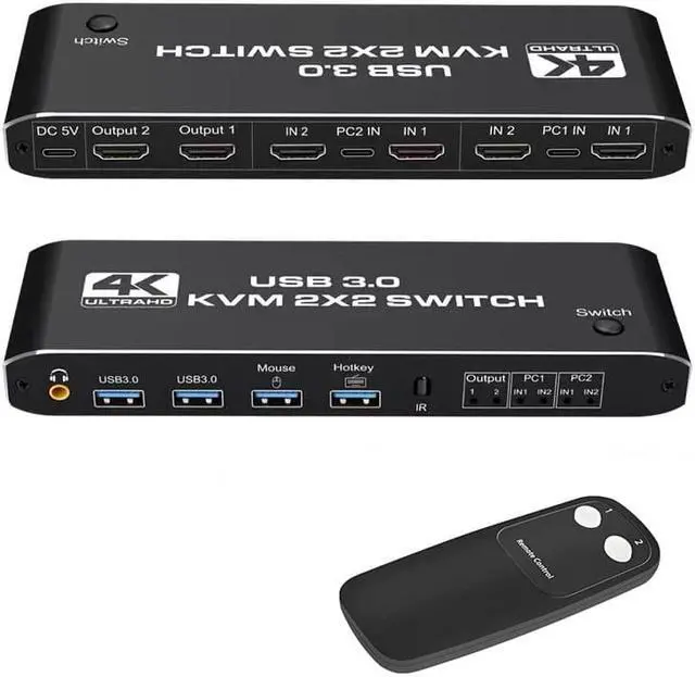 4K KVM Switch HDMI 2 Port 2 in 2 Out UHD 4K 60Hz 2 USB 3.0 Hub One Key Button Switch Audio Compatible with Most Keyboards and Mouse 2 Computers Share 2 Monitor