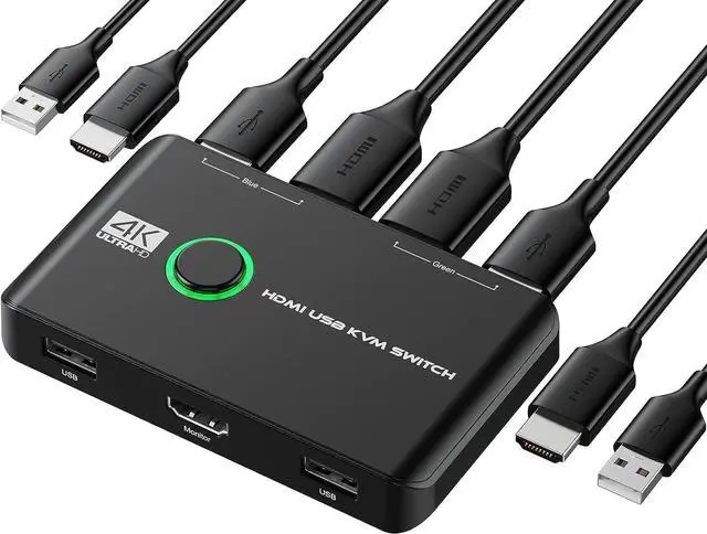4K KVM Switch HDMI 2 Port Box USB HDMI KVM Switches for 2 Computers Share Keyboard Mouse Printer and one HD Monitor Support UHD 4K 60Hz with 2 USB Cables and 2 HDMI Cables