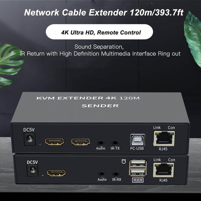 4K KVM Switch USB KVM Extender Cat5e/6 Up To 120M Plug And Play Infrared Single Network Extender For Keyboard Mouse Computer Host Laptop PS3 4(US Plug)