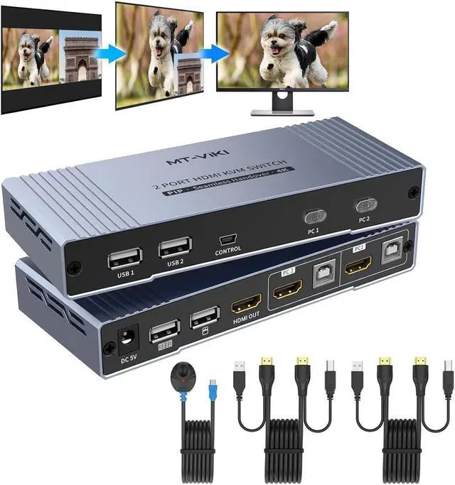 4K Seamless HDMI KVM Switch 2 Port w/PIP POP HDMI KVM Switch 2 in 1 Out Support 4K 30Hz YUV 4:4:4 HDCP1.4 Hotkey PC Keyboard Mouse Switcher for 2 HDMI Computers w/2 USB HDMI KVM Cables