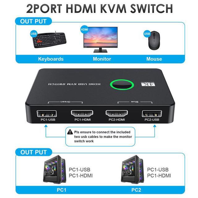 4K USB HDMI KVM Switch 2 Port HDMI Switcher Selector Box USB And HDMI Switch For 2 Computers Share Keyboard Mouse Printer And One HD Monitor