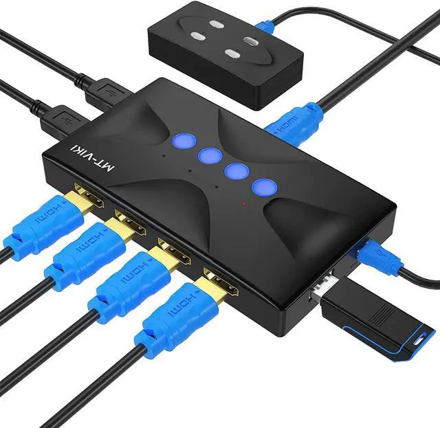 4K USB HDMI KVM Switch 4 Port HD Switcher Selector 4 Computers Share 1 Monitor/Keyboard/Mouse/Printer/U Disk Upgraded Port & Cables