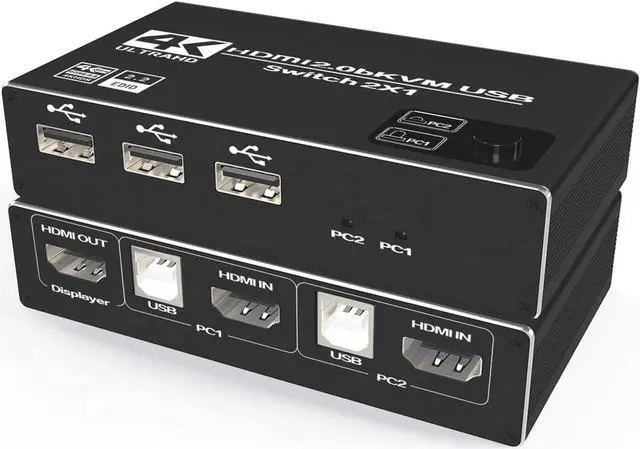 4K USB KVM Switch 2 in 1 Out UHD 4K 60Hz 3 USB Hub One Key Button Switch Compatible with Most Keyboards and Mouse 2 Computers Share 1 Monitor