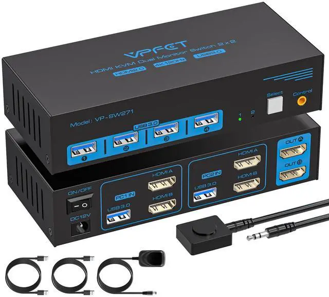 4K120Hz HDMI KVM Switch 2 Monitors 2 Computers 8K USB 3.0 KVM Switches for 2 Computers Share Dual Monitor and 4 USB Devices Support Extended/Copy Mode with DC 12V/1A&Wired Controller