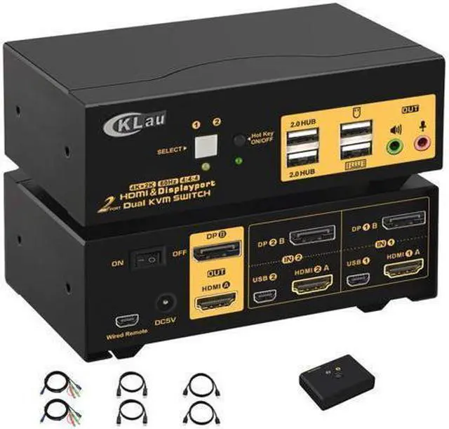 4Kx2K 60Hz 2 Port HDMI + Displayport Dual Monitor KVM Switch with Audio HDMI DP KVM Switch with USB 2.0 Hub and Cables Support HDMI 2.0 HDCP 2.2 HDR 10