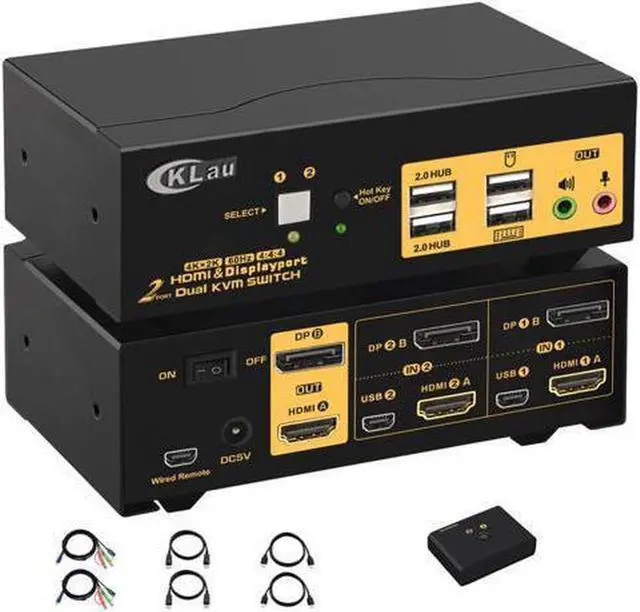 4Kx2K 60Hz 2 Port HDMI + Displayport Dual Monitor KVM Switch with Audio HDMI DP KVM Switch with USB 2.0 Hub and Cables Support HDMI 2.0 HDCP 2.2 HDR 10