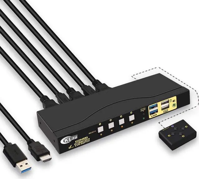4Kx2K 60Hz 4 Port USB 3.0 HDMI KVM Switch with Cables 2 pcs USB 3.0 Hub and Audio Supports Wireless Keyboard Mouse
